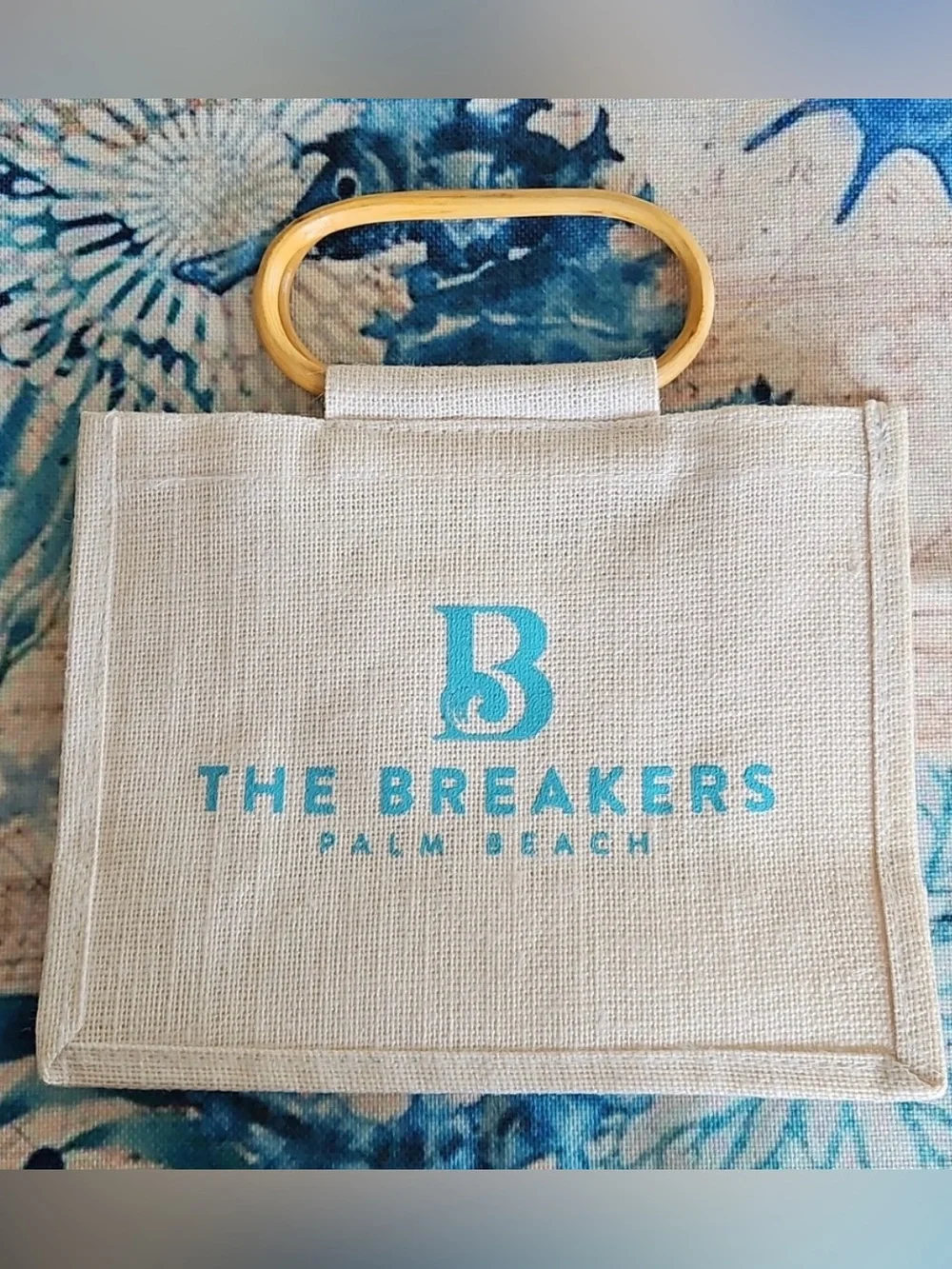 The Breakers Palm Beach Canvas/Jute Tote with Turquoise Logo and Bamboo Handles